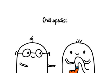 Orthopedist hand drawn vector illustration in cartoon style. Men doctor and patient with his leg