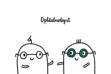 Ophtalmologyst hand drawn vector illustration in cartoon style. Two men in glasses