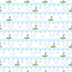 Fototapeta premium Toys pattern. Hand painted doodle sailor in a boat sailing on the waves, sea and clouds on the white background. Cute children pattern. Seamless wallpaper.