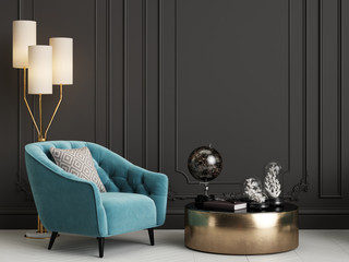 Classic interior with blue armchairs and floor lamp