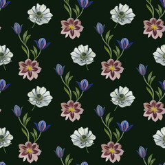 Seamless watercolor flowers pattern. Hand painted flowers for design. Flowers for design. Ornament flowers. Seamless botanical watercolor exotic floral pattern.