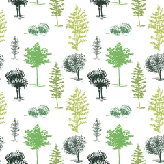 Fotobehang Trees sketch background. Hand painted green trees on the white background.  Seamless wallpaper. © Татьяна Петрова