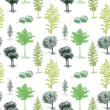 Trees sketch background. Hand painted green trees on the white background.  Seamless wallpaper.