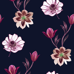 Seamless watercolor flowers pattern. Hand painted flowers for design. Flowers for design. Ornament flowers. Seamless botanical watercolor exotic floral pattern.