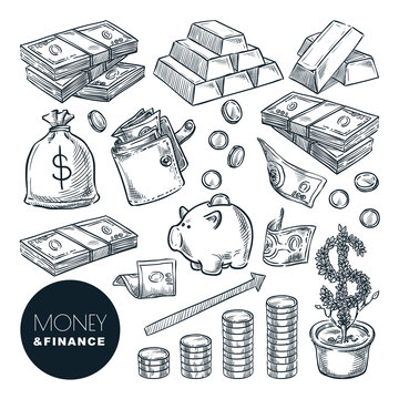 Money and finance vector sketch icons. Bank, payment, investment and commerce hand drawn isolated design elements