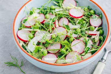 Fresh summer fennel salad with pea shoots and radishes