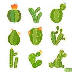 Set of cartoon blooming cacti in flat style