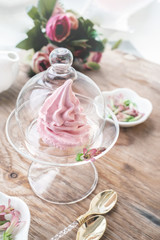 Delicate pink apple marshmallow hand-made in a glass transparent vase. Congratulate. Sign of attention. Marshmallow, dessert. Background