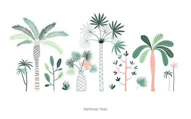 Rainforest trees hand drawn vector illustrations set. Exotic green tropic forest. Tropical plants. Botanical hawaii nature. Jungle landscape t shirt prints, poster design elements