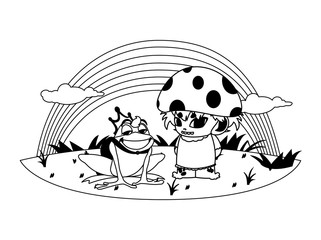 toad prince and fungu elf with rainbow