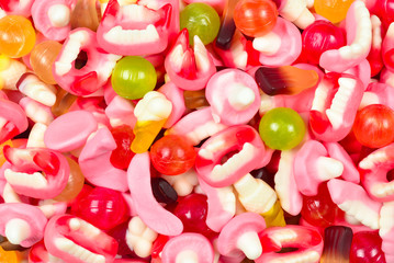Assorted gummy candies. Top view. Jelly  sweets.