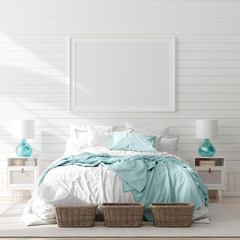 Mock up frame in bedroom interior, marine room with sea decor and furniture, Coastal style, 3d render