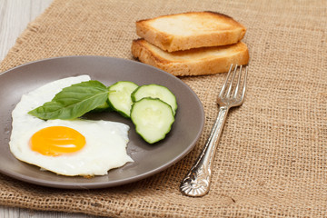 Plate with fried egg, fresh cut cucumber and leaf of basil, fork and toasts.