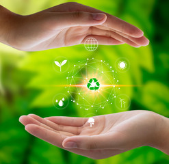 Hand holding light bulb against nature on green leaf with icons energy sources for renewable, sustainable development. Technology ,Environment ,Ecology concept.