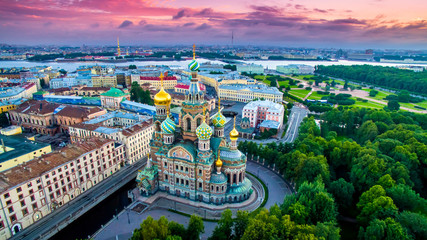 Saint-Petersburg. Russia. Panorama of St. Petersburg at the summer sunset. Cathedral of the Savior...