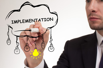 Business, technology, internet and networking concept. Young entrepreneur showing keyword:...