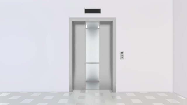 The elevator doors open. Opening the door is an elevator. Metal doors smoothly open. 4k animation.