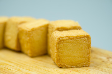 Fish meat tofu, yellow meatball square shape.
