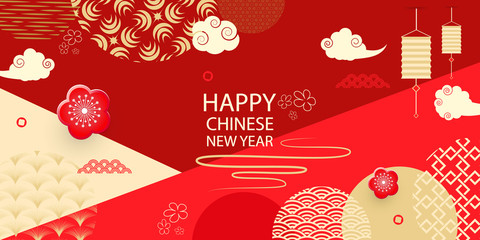 Fototapeta na wymiar Happy new year. A horizontal banner with 2019 Chinese elements of the new year. Vector illustration.Translation from Chinese happy new year