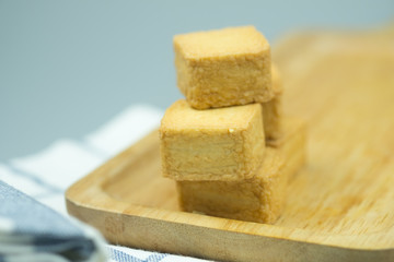 Fish meat tofu, yellow meatball square shape.