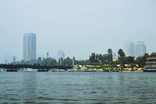 Egypt Cairo, 06/18/2012-Nile River, bridge, boats