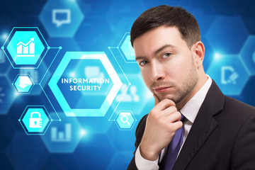 The concept of business, technology, the Internet and the network. A young entrepreneur working on a virtual screen of the future and sees the inscription: Information security