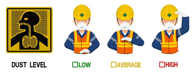 Set of industrial worker with dust mask is gesturing hand sign ( Low,Average,High)