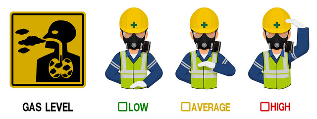 Fototapeta premium Set of industrial worker with respirator is gesturing hand sign ( Low,Average,High)
