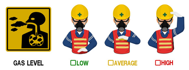 Fototapeta premium Set of industrial worker with respirator is gesturing hand sign ( Low,Average,High)