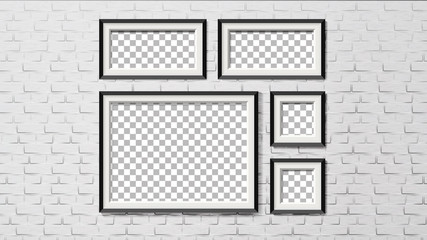 Modern Frames On Brick Wall Background Set Vector. Different Size And Shape Poster, Photo Or Picture Frames. Design Decoration For Office Or Store Interior Realistic 3d Illustration