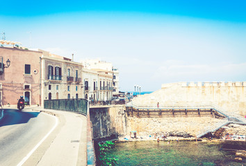 Sicily landscape, View of old buildings in seafront of Ortygia (Ortigia) Island, Syracuse, Sicily, Italy.