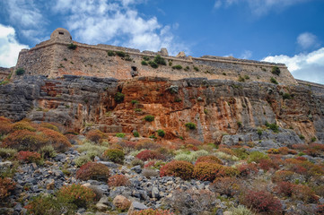 Ruins of Venetian fort on Imeri Gramvousa Island near island of Crete, Greece