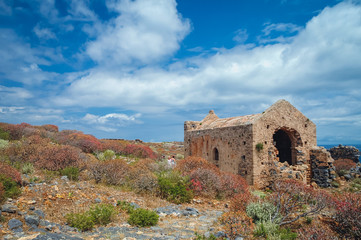 Ruins of Agios Georgios church in Venetian fort on Imeri Gramvousa Island near island of Crete, Greece