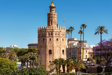 Fototapeta na wymiar Torre del Oro Gold Tower medieval landmark from early 13th century in Seville, Spain, Andalusia region .