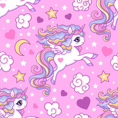 Seamless pattern with white unicorns, stars, hearts. © Zerlina