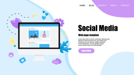 Web template with Social media concept with photo content, like and comment. Vector flat illustration