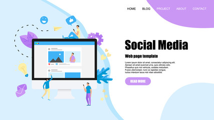 Web template with Social media concept with photo content, like and comment. Vector flat illustration