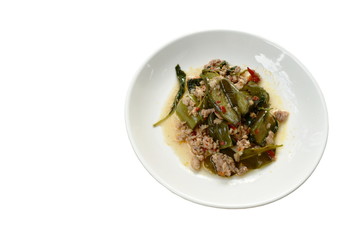 spicy stir fried slice eggplant with minced pork and basil leaf on plate