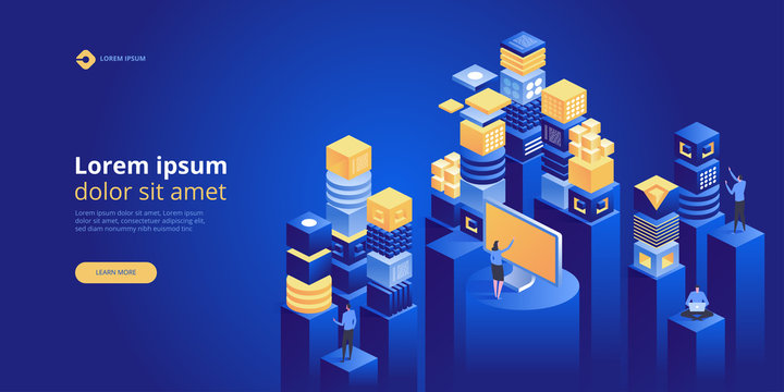 Big data flow processing concept, cloud database, isometric vector