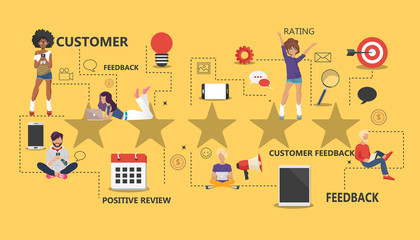 Concept of feedback, testimonials messages and notifications. Rating on customer service illustration. Five big stars with people sitting on them and giving reviews on their lap tops. Flat vector
