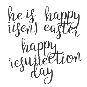 Calligraphy Of Ink Resurrection Letters Vector. Stylish Typography Inscription Poster With Different Handwritten Happy Risen Easter, Resurrection Day Elegance Text. Design Flat Illustration