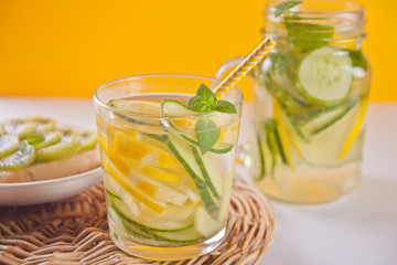 Refreshing summer drink with lemon, ginger, fresh cucumber and mint.