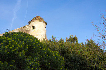 Fort du Mont Alban. Tower of famous fortress against blue sky, nice, france. Strengthen the protection of Nice from pirates and the Turkish fleet.