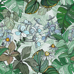 Seamless pattern with foliage, flowers and leaves.