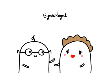 Gynecologist hand drawn vector illustration in cartoon style. Men doctor and women
