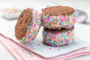 Homemade ice cream sandwich with chocolate chip cookie, watermelon ice cream, covered with colorful sprinkles, on a white plate, horizontal