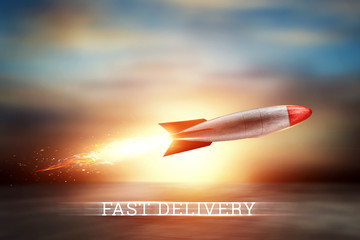 Naklejka na ściany i meble Creative background, rocket takes off. Super fast delivery, cool service, online shopping, space, satellites. Copy space, Mixed media