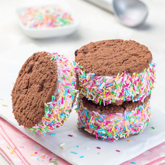Homemade ice cream sandwich with chocolate chip cookie, watermelon ice cream, covered with colorful sprinkles, on white plate, square format