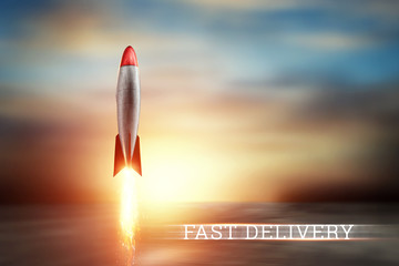 Fototapeta na wymiar Creative background, rocket takes off. Super fast delivery, cool service, online shopping, space, satellites. Copy space, Mixed media
