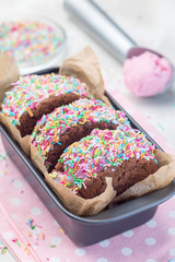Homemade ice cream sandwich with chocolate chip cookie, watermelon ice cream, covered with colorful sprinkles, vertical